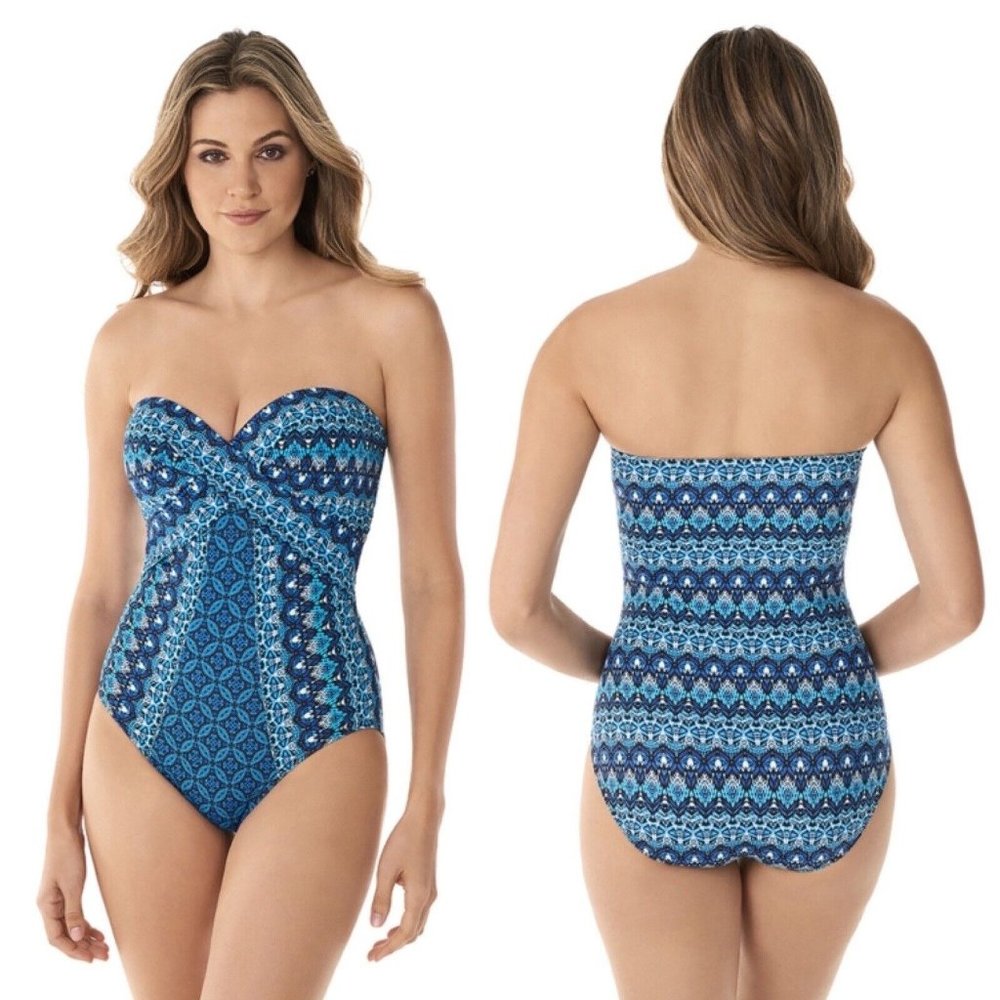 Miraclesuit Mosaica Seville Bandeau One Piece Swimsuit Blue $190 Women’s 12 NEW